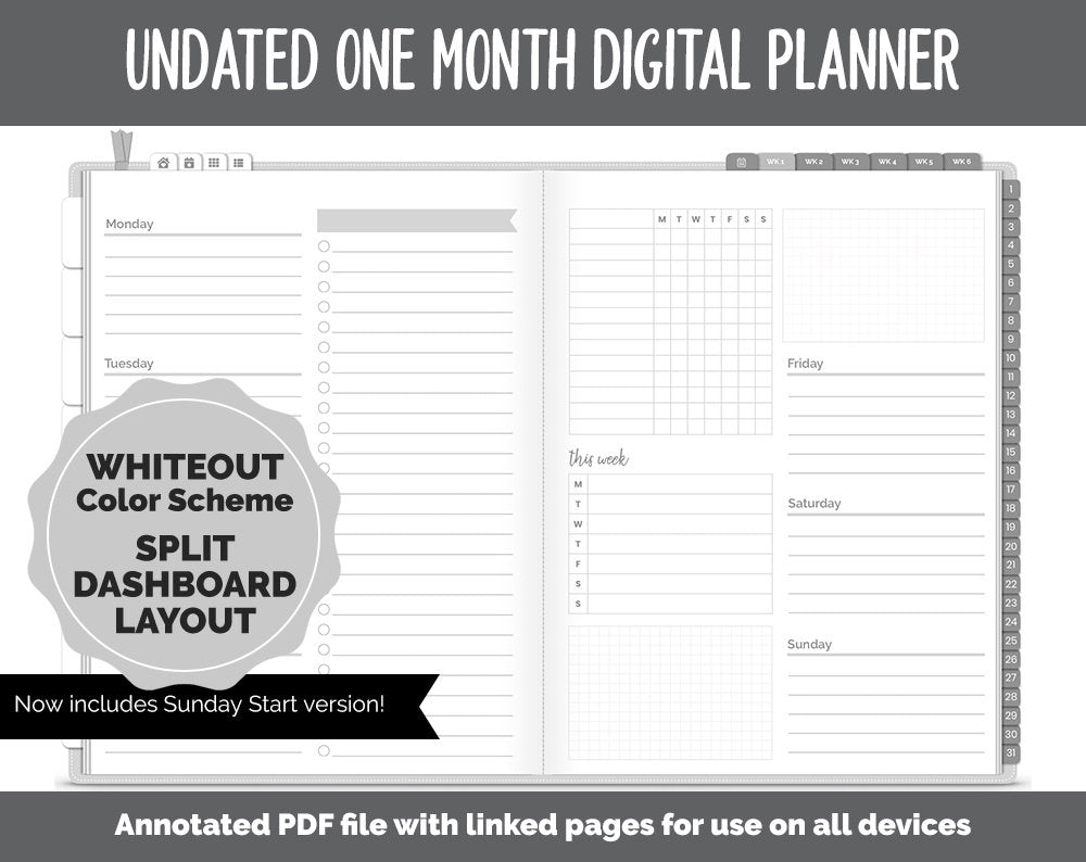 Undated One Month Digital Planner | Whiteout Theme - Split Dashboard Weekly | GoodNotes, iPad & Android