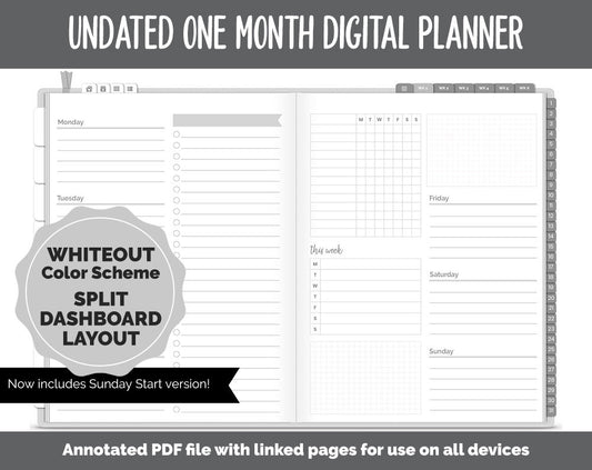 Undated One Month Digital Planner | Whiteout Theme - Split Dashboard Weekly | GoodNotes, iPad & Android