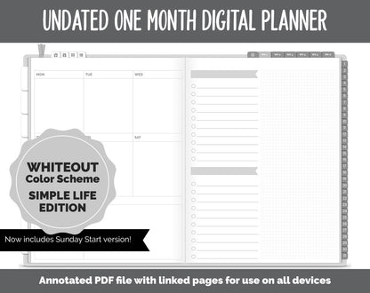 Undated One Month Digital Planner | Whiteout Theme - Simple Life Weekly | GoodNotes, iPad & Android