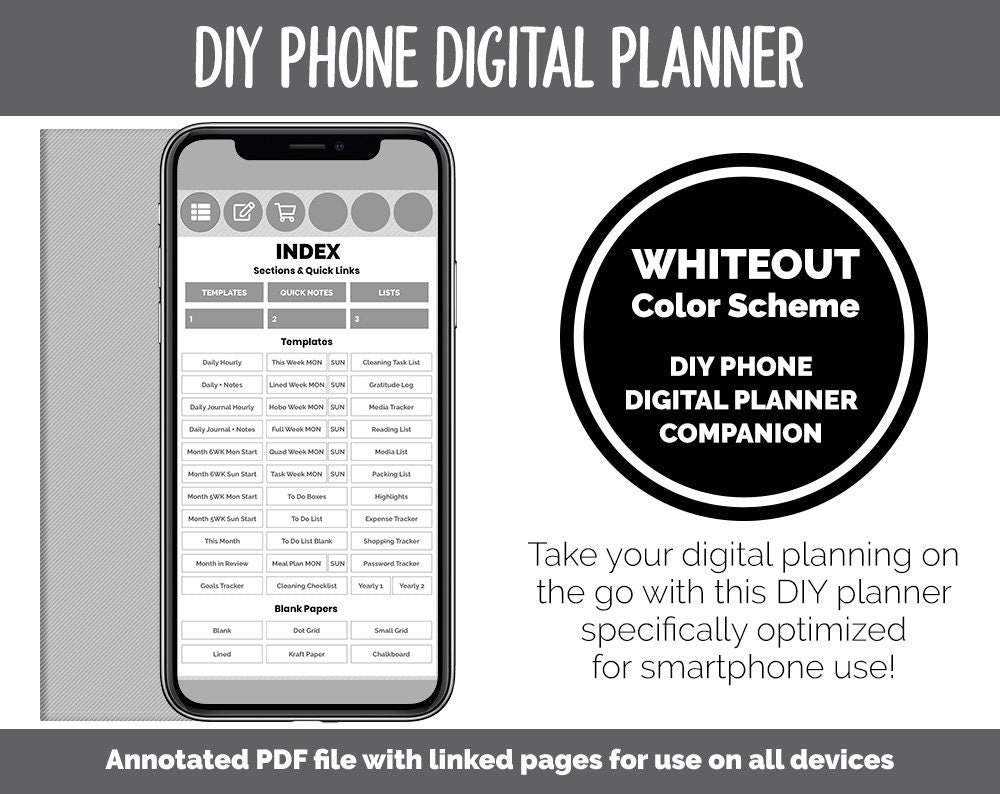 DIY Phone Digital Planner | Whiteout Theme | Goodnotes, iPad & Android | Hobonichi, Notebook
