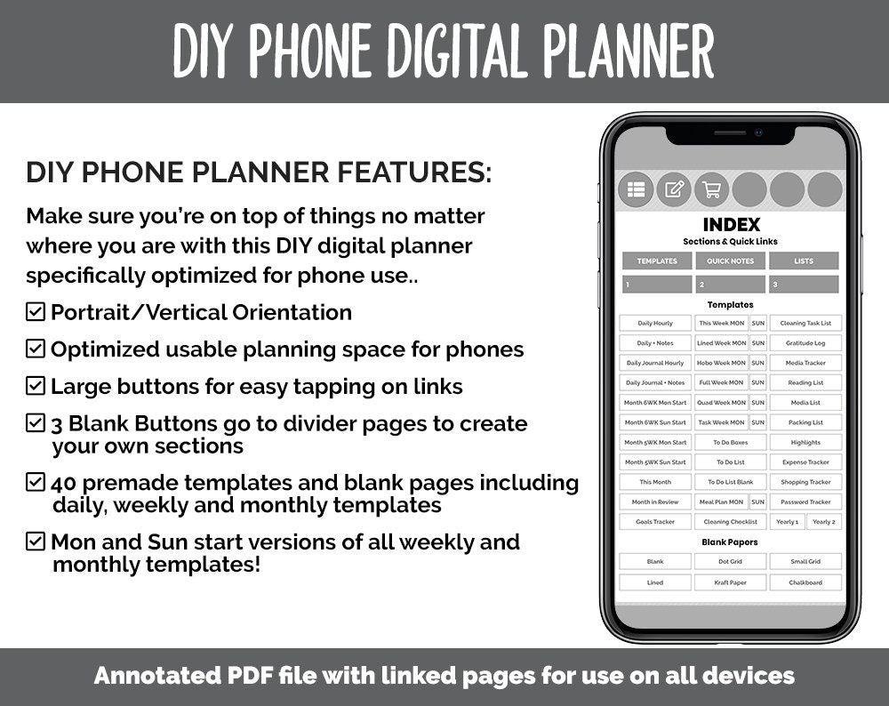 DIY Phone Digital Planner | Whiteout Theme | Goodnotes, iPad & Android | Hobonichi, Notebook