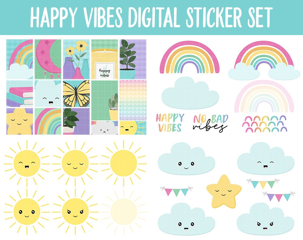 Happy Vibes Digital Planner Stickers | GoodNotes, iPad and Android | Rainbow Theme | Weather, Rainbows, Sunshine, Spring