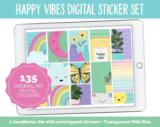 Happy Vibes Digital Planner Stickers | GoodNotes, iPad and Android | Rainbow Theme | Weather, Rainbows, Sunshine, Spring