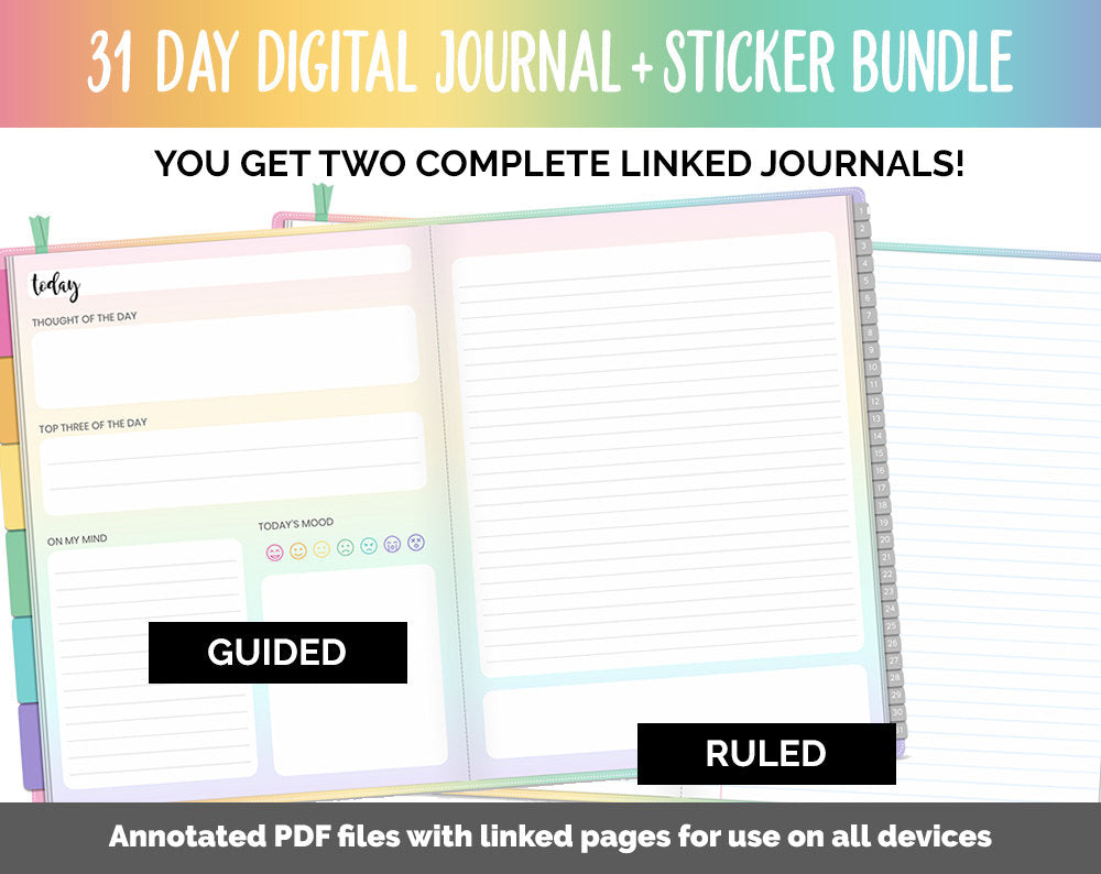 31 Day Digital Journal + Sticker Bundle | Rainbow Theme