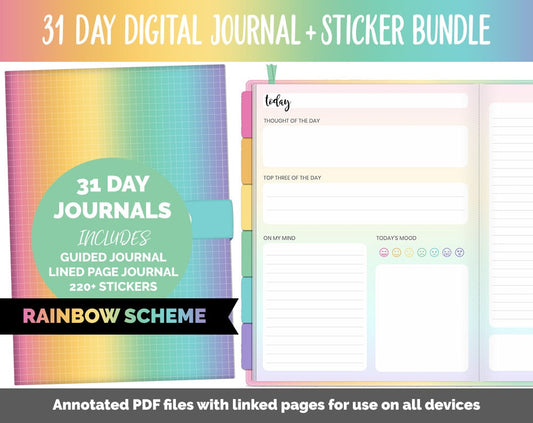 31 Day Digital Journal + Sticker Bundle | Rainbow Theme