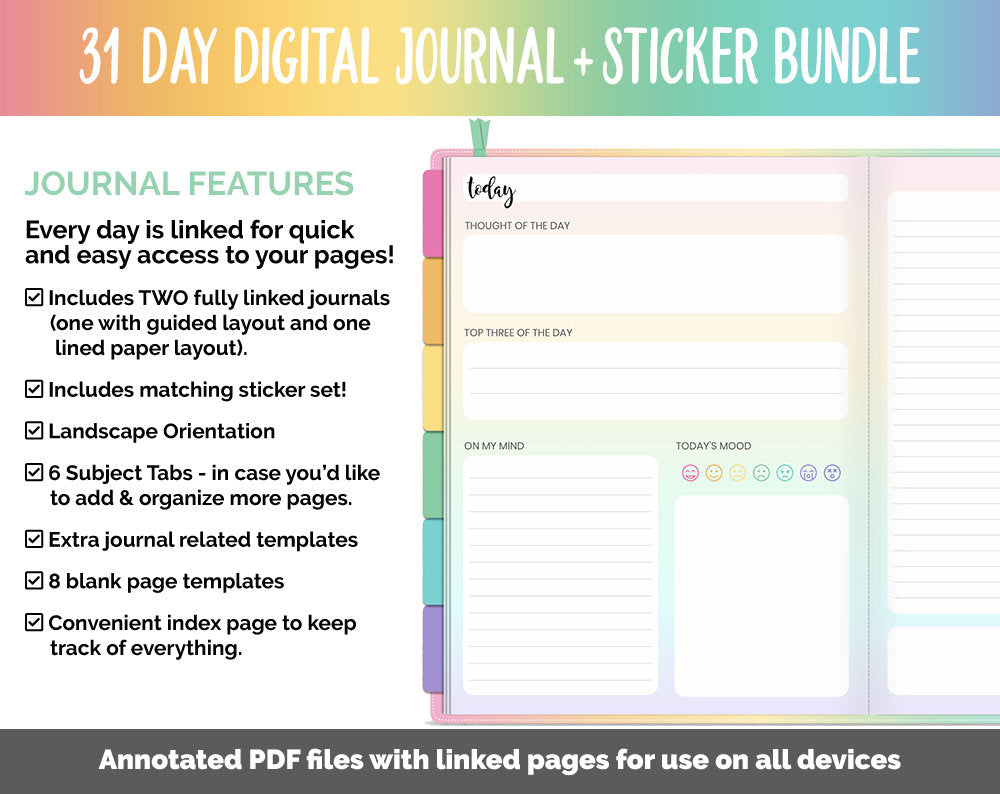 31 Day Digital Journal + Sticker Bundle | Rainbow Theme