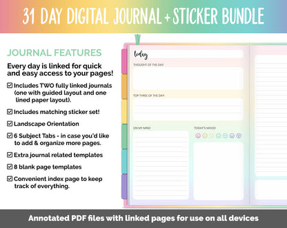 31 Day Digital Journal + Sticker Bundle | Rainbow Theme