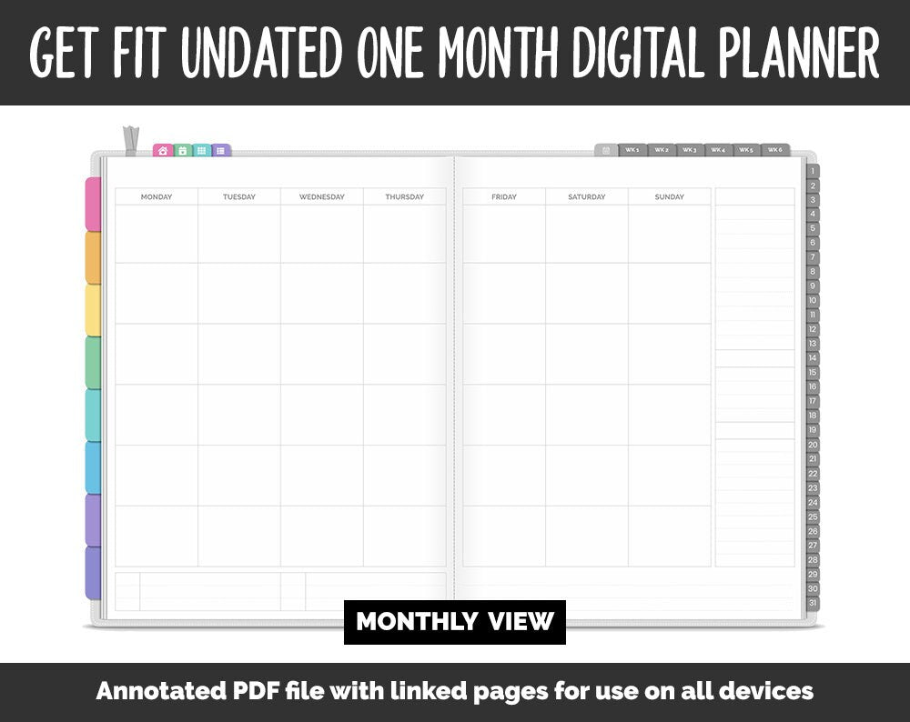 Undated Get Fit One Month Digital Planner | Rainbow Theme | GoodNotes, iPad & Android | Fitness, Self-Care, Health, Workout