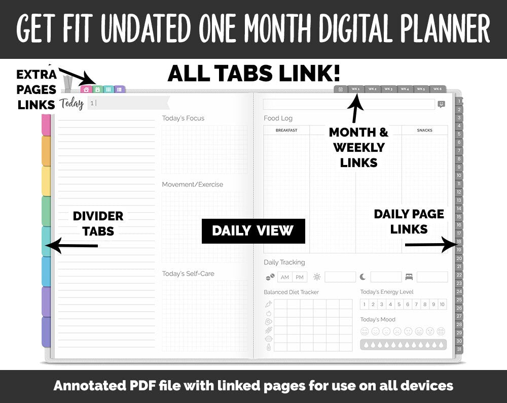 Undated Get Fit One Month Digital Planner | Rainbow Theme | GoodNotes, iPad & Android | Fitness, Self-Care, Health, Workout