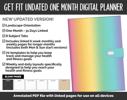Undated Get Fit One Month Digital Planner | Rainbow Theme | GoodNotes, iPad & Android | Fitness, Self-Care, Health, Workout