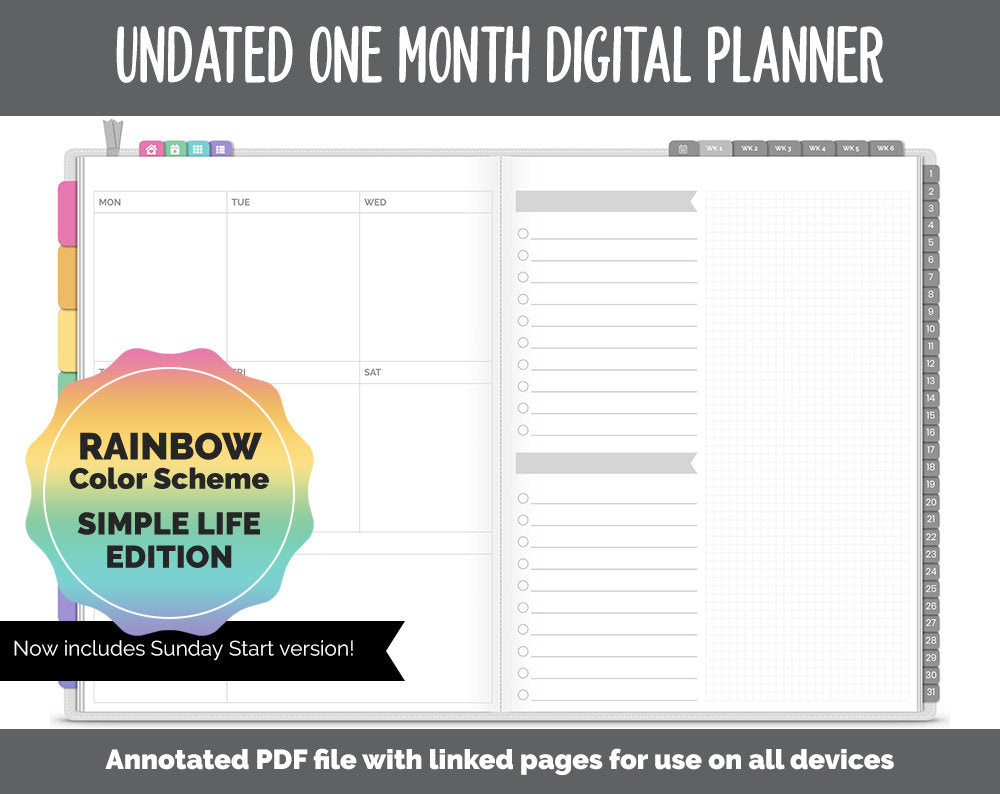 Undated One Month Digital Planner | Rainbow Theme - Simple Life Weekly | GoodNotes, iPad & Android