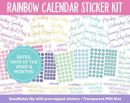Rainbow Calendar Essentials Digital Planner Stickers | GoodNotes, iPad and Android | Dates, Days of the Week, Months