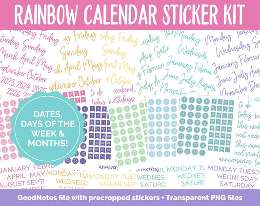 Rainbow Calendar Essentials Digital Planner Stickers | GoodNotes, iPad and Android | Dates, Days of the Week, Months