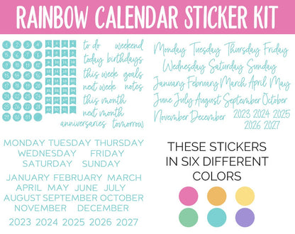 Rainbow Calendar Essentials Digital Planner Stickers | GoodNotes, iPad and Android | Dates, Days of the Week, Months