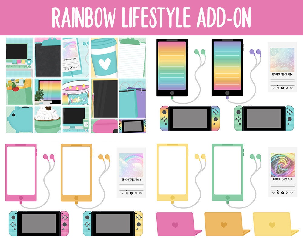 Rainbow Lifestyle Add-On Digital Stickers | GoodNotes & iPad | TV, Playlist, Travel, Reading, Work, Groceries
