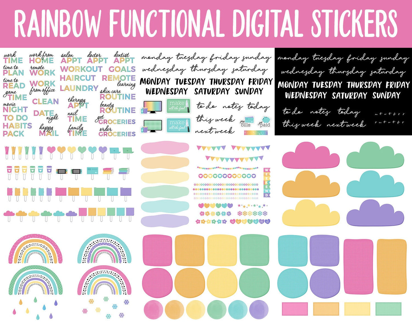 Rainbow Functional Digital Sticker Set | GoodNotes, iPad & Android | Papers, Sticky Notes, Chores, Work, Adulting, Tasks, Dates