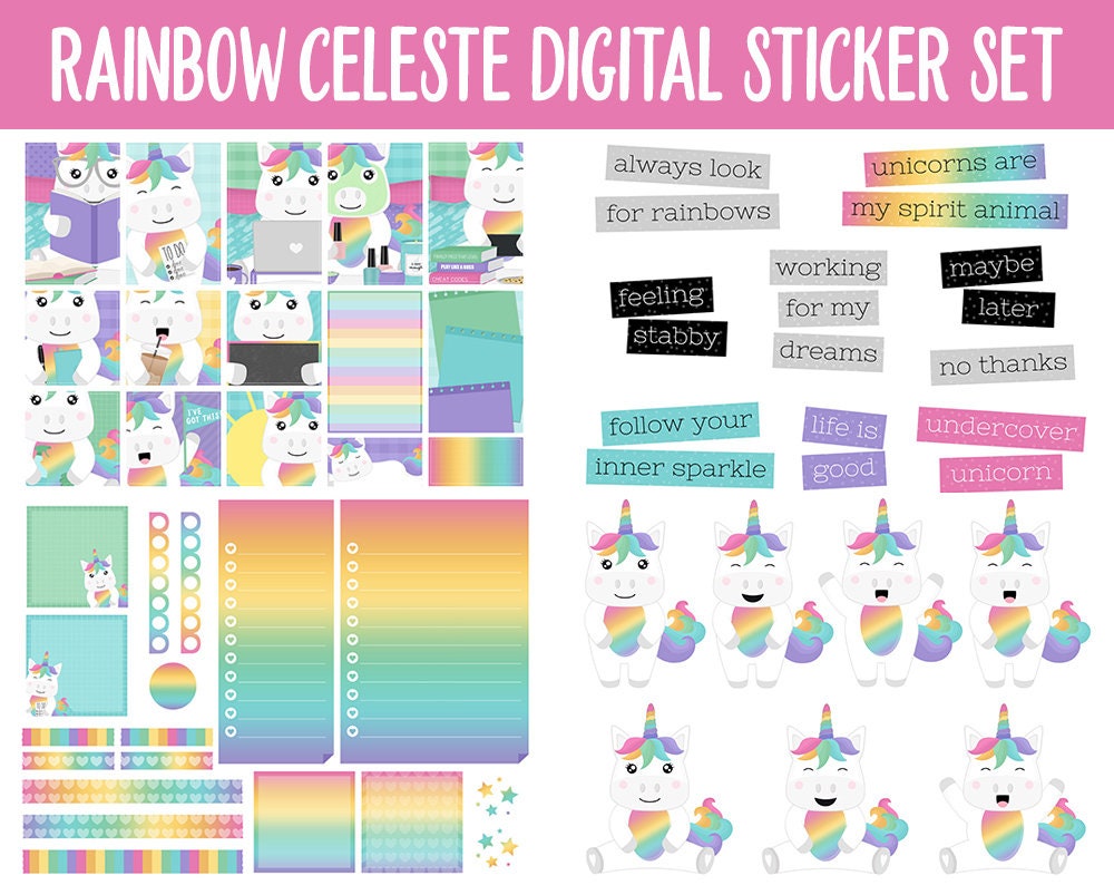 Rainbow Celeste Digital Planner Stickers | GoodNotes, iPad and Android | Rainbow Theme | Unicorn, Moods, Kawaii, Activites, Chores