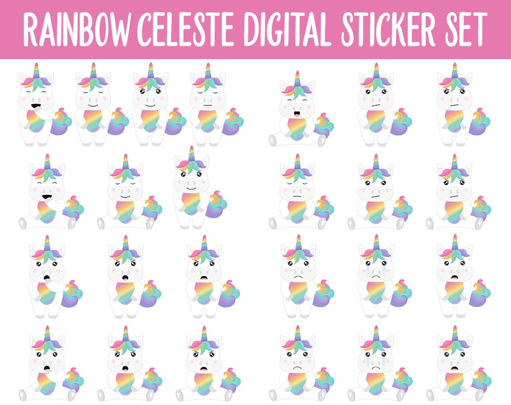 Rainbow Celeste Digital Planner Stickers | GoodNotes, iPad and Android | Rainbow Theme | Unicorn, Moods, Kawaii, Activites, Chores