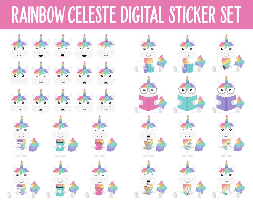 Rainbow Celeste Digital Planner Stickers | GoodNotes, iPad and Android | Rainbow Theme | Unicorn, Moods, Kawaii, Activites, Chores