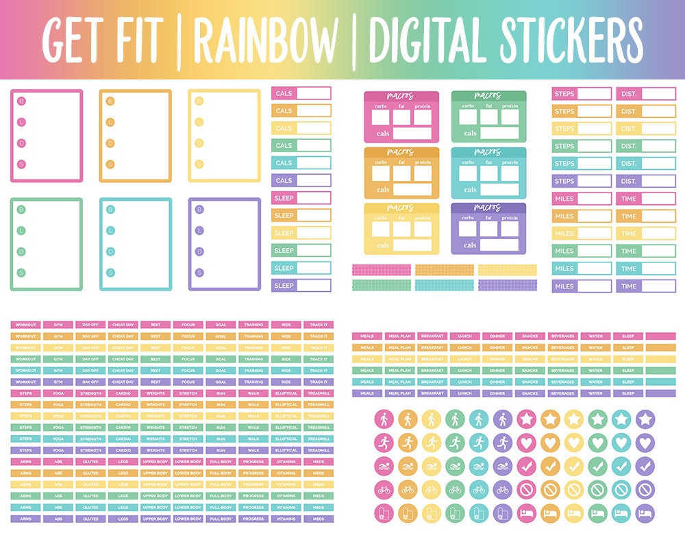 Get Fit Rainbow Digital Stickers | GoodNotes & iPad | Fitness, Health, Self-Care, Workout, Celeste, Unicorn