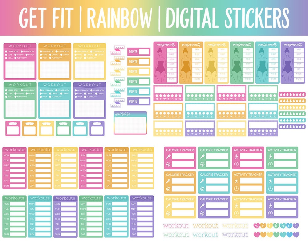 Get Fit Rainbow Digital Stickers | GoodNotes & iPad | Fitness, Health, Self-Care, Workout, Celeste, Unicorn