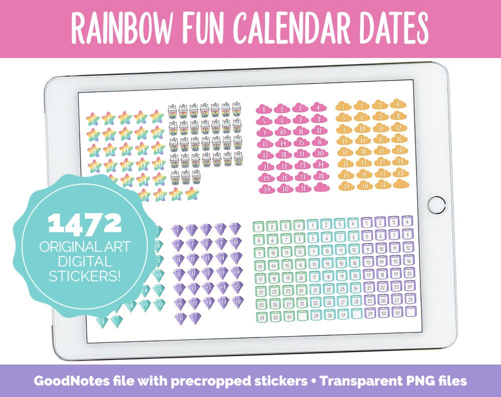 Rainbow Fun Calendar Date Digital Stickers | GoodNotes, iPad and Android