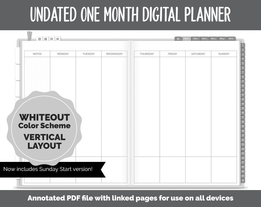 Undated One Month Digital Planner | Whiteout Theme - Vertical Weekly | GoodNotes, iPad & Android