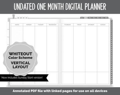 Undated One Month Digital Planner | Whiteout Theme - Vertical Weekly | GoodNotes, iPad & Android