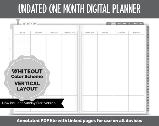 Undated One Month Digital Planner | Whiteout Theme - Vertical Weekly | GoodNotes, iPad & Android