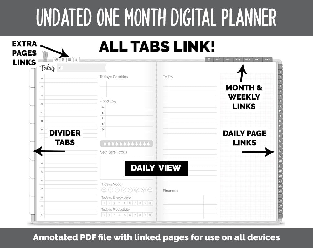 Undated One Month Digital Planner | Whiteout Theme - Dashboard Weekly | GoodNotes, iPad & Android