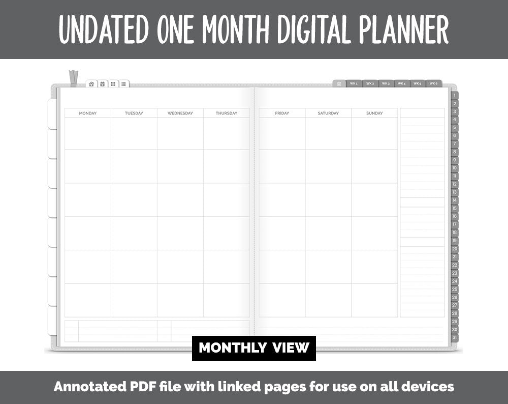 Undated One Month Digital Planner | Whiteout Theme - Vertical Weekly | GoodNotes, iPad & Android