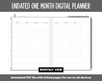 Undated One Month Digital Planner | Whiteout Theme - Split Dashboard Weekly | GoodNotes, iPad & Android