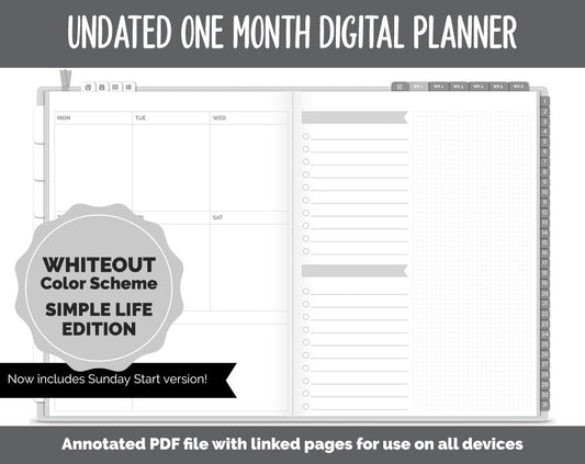 Undated One Month Digital Planner | Whiteout Theme - Simple Life Weekly | GoodNotes, iPad & Android