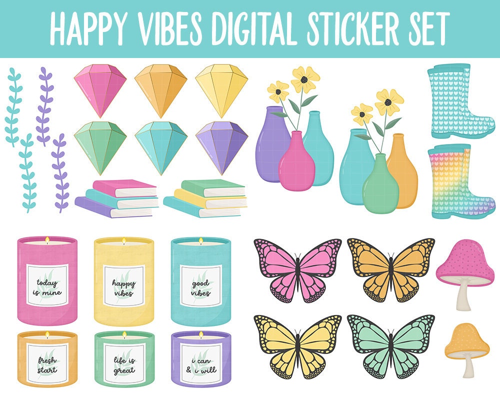 Happy Vibes Digital Planner Stickers | GoodNotes, iPad and Android | Rainbow Theme | Weather, Rainbows, Sunshine, Spring