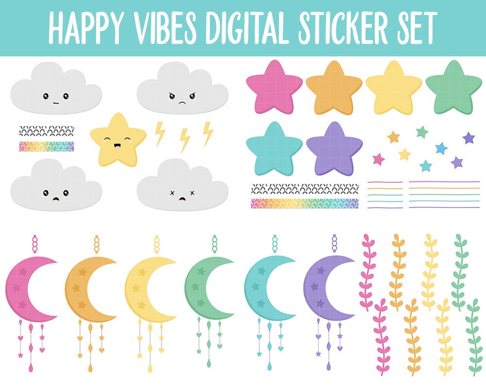Happy Vibes Digital Planner Stickers | GoodNotes, iPad and Android | Rainbow Theme | Weather, Rainbows, Sunshine, Spring