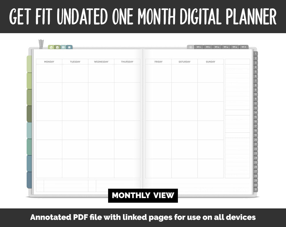 Undated Get Fit One Month Digital Planner | Tranquil Theme | GoodNotes, iPad & Android | Fitness, Self-Care, Health, Workout