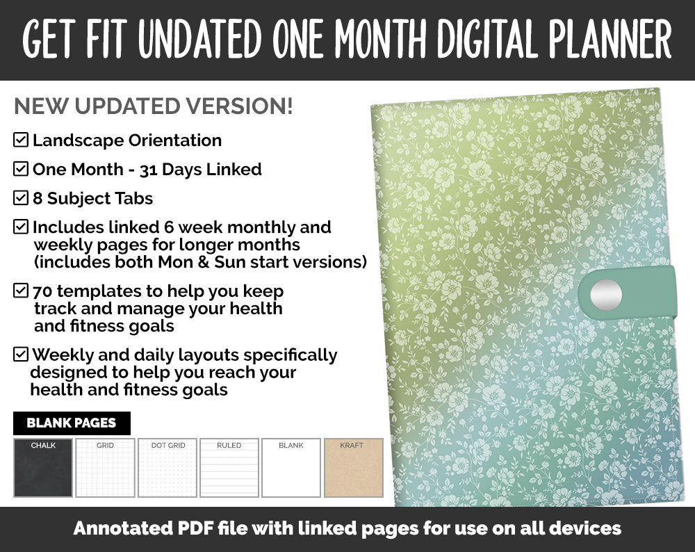 Undated Get Fit One Month Digital Planner | Tranquil Theme | GoodNotes, iPad & Android | Fitness, Self-Care, Health, Workout