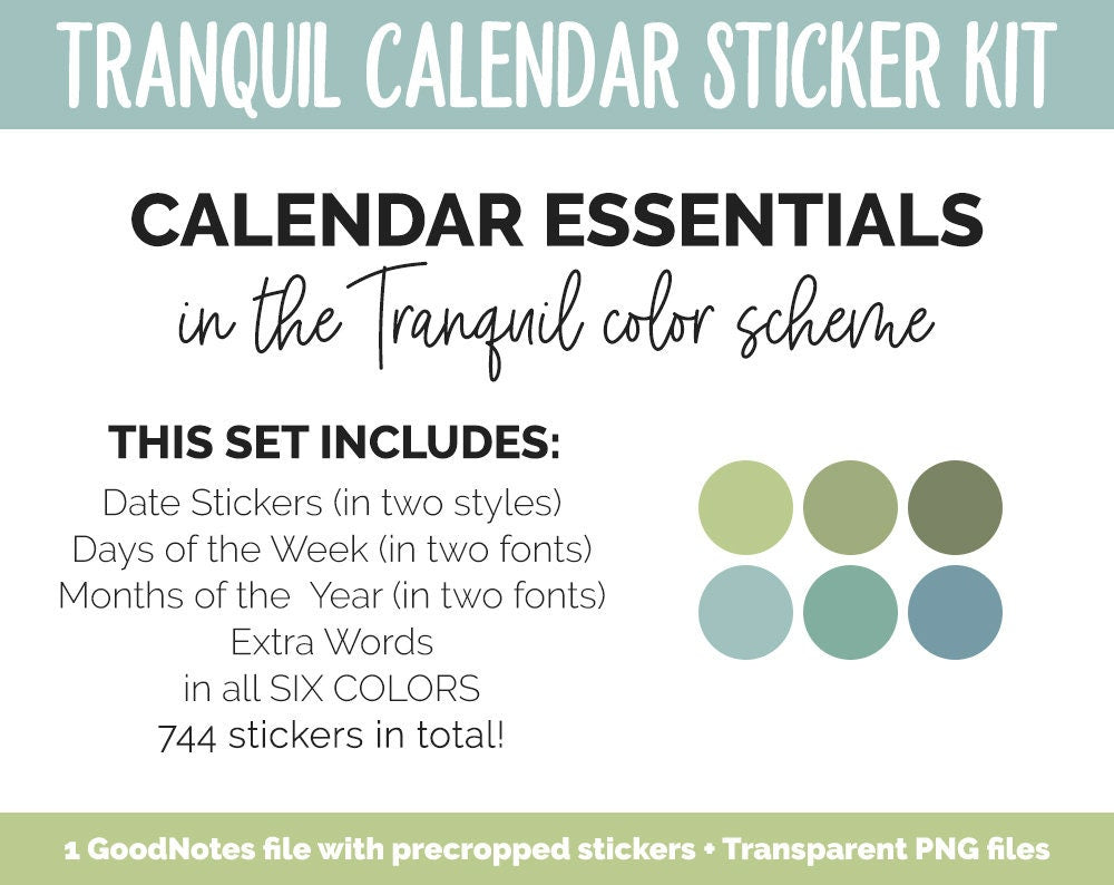 Tranquil Calendar Essentials Digital Planner Stickers | GoodNotes, iPad and Android | Dates, Days of the Week, Months