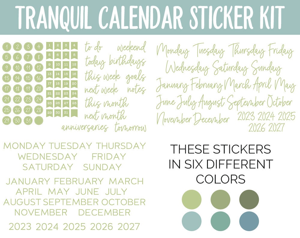 Tranquil Calendar Essentials Digital Planner Stickers | GoodNotes, iPad and Android | Dates, Days of the Week, Months