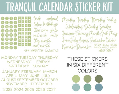 Tranquil Calendar Essentials Digital Planner Stickers | GoodNotes, iPad and Android | Dates, Days of the Week, Months