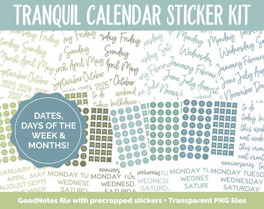 Tranquil Calendar Essentials Digital Planner Stickers | GoodNotes, iPad and Android | Dates, Days of the Week, Months