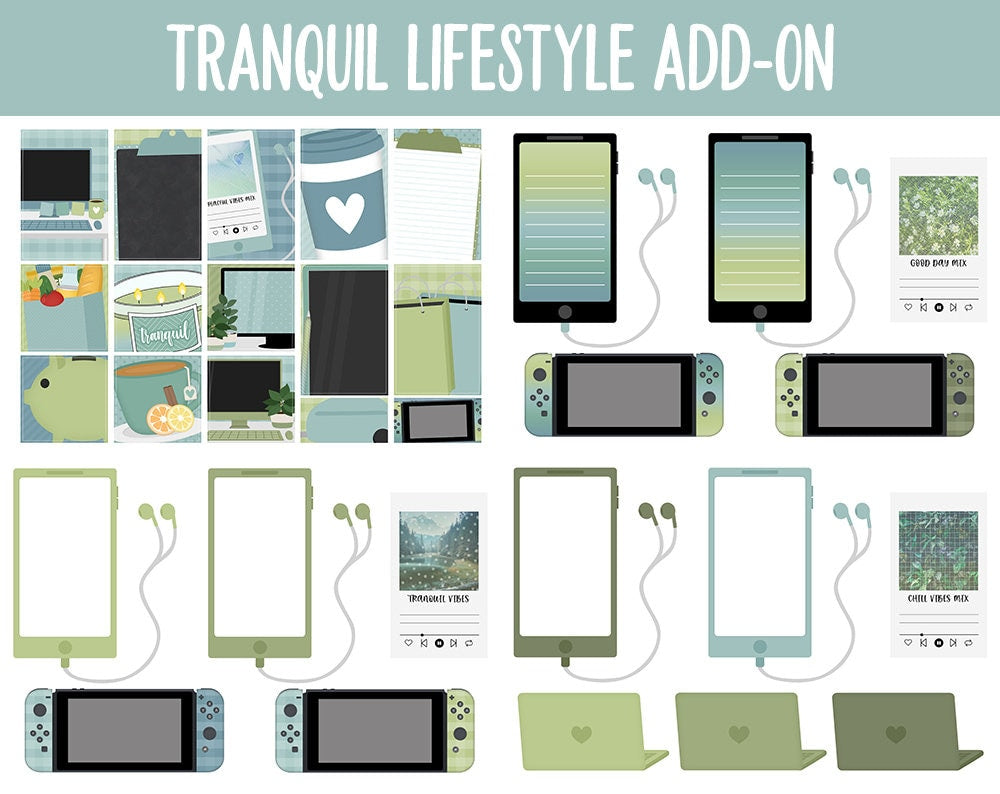 Tranquil Lifestyle Add-On Digital Stickers | GoodNotes & iPad | TV, Playlist, Travel, Reading, Work, Groceries