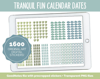 Tranquil Fun Calendar Date Digital Stickers | GoodNotes, iPad and Android