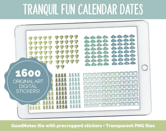 Tranquil Fun Calendar Date Digital Stickers | GoodNotes, iPad and Android