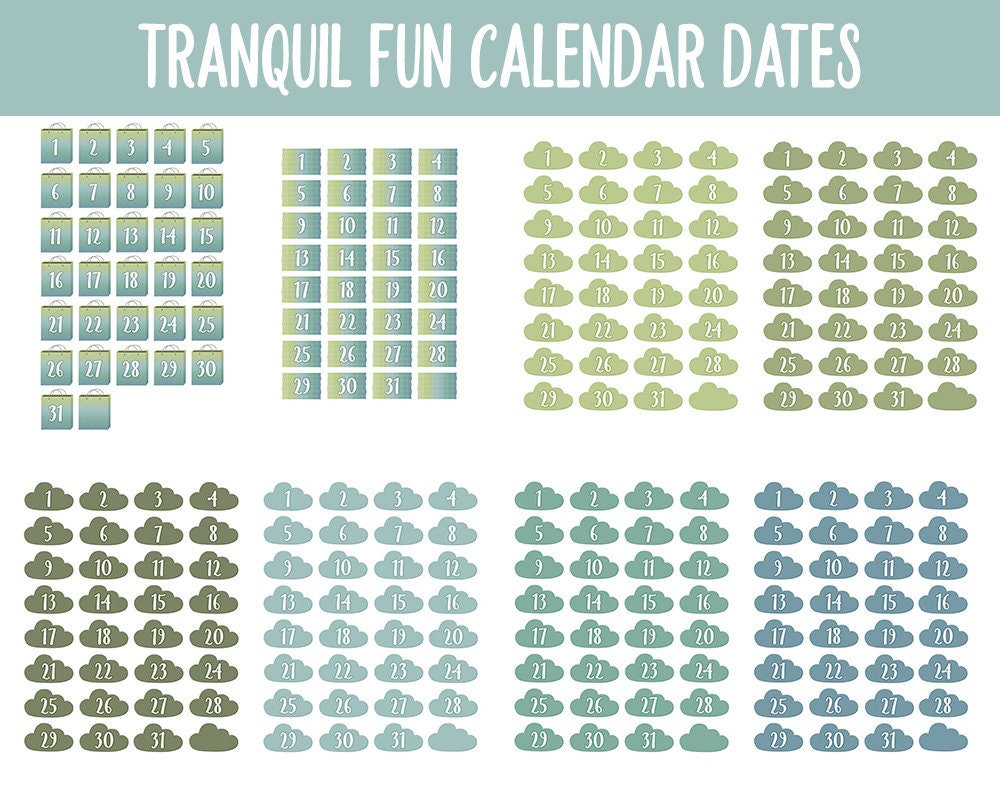 Tranquil Fun Calendar Date Digital Stickers | GoodNotes, iPad and Android