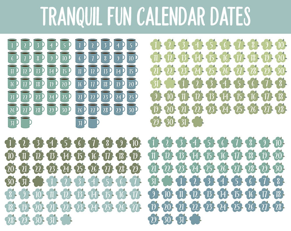 Tranquil Fun Calendar Date Digital Stickers | GoodNotes, iPad and Android