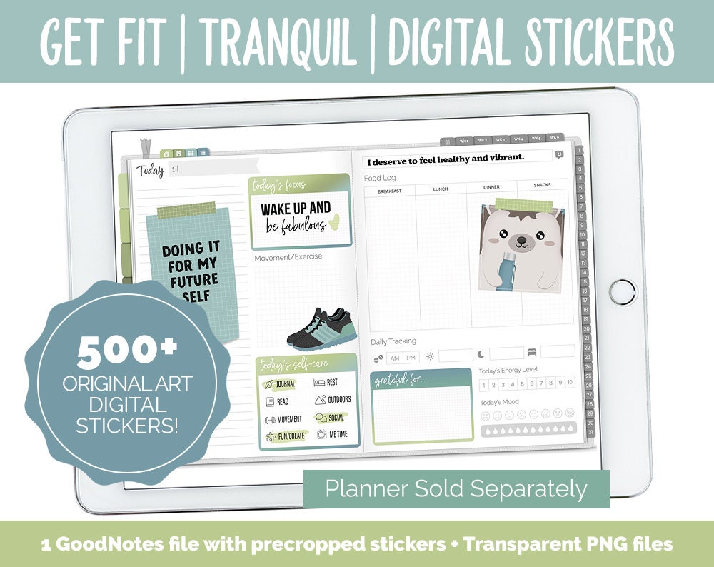 Get Fit Tranquil Digital Stickers | GoodNotes & iPad | Fitness, Health, Self-Care, Workout, Huey, Hedgehog