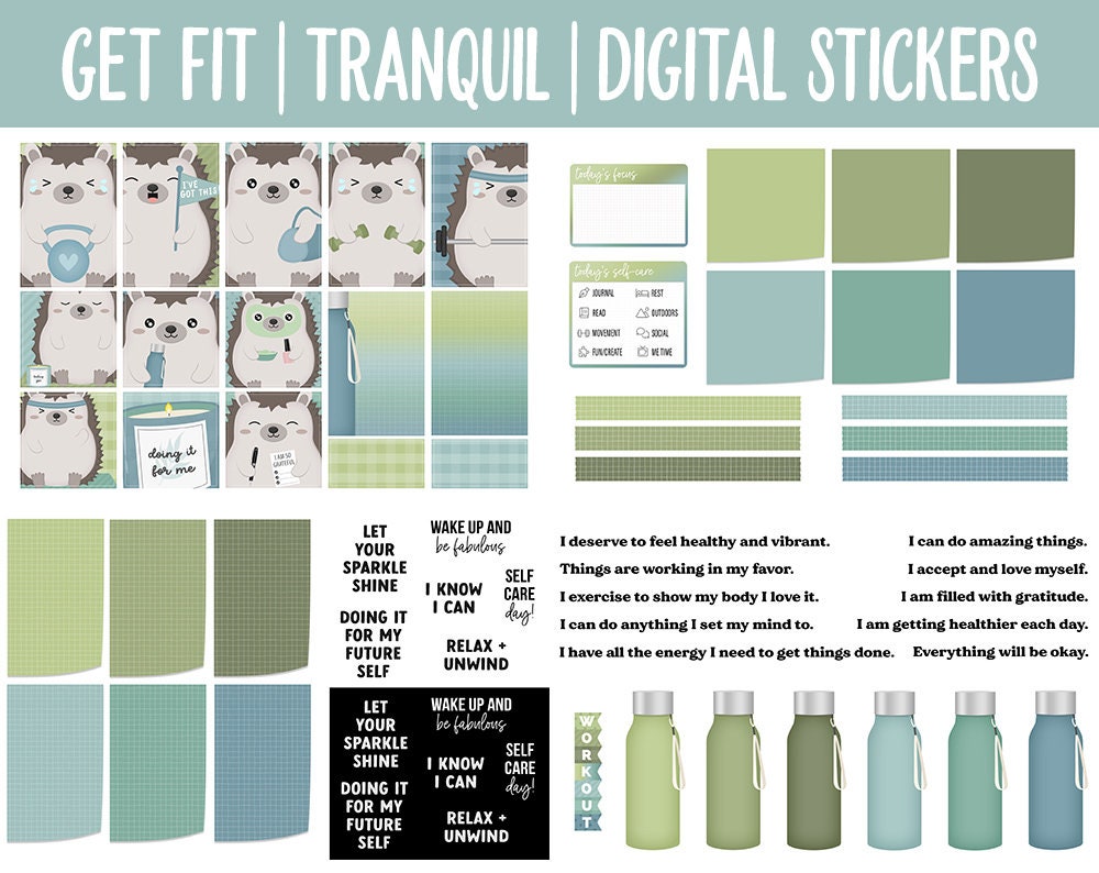 Get Fit Tranquil Digital Stickers | GoodNotes & iPad | Fitness, Health, Self-Care, Workout, Huey, Hedgehog