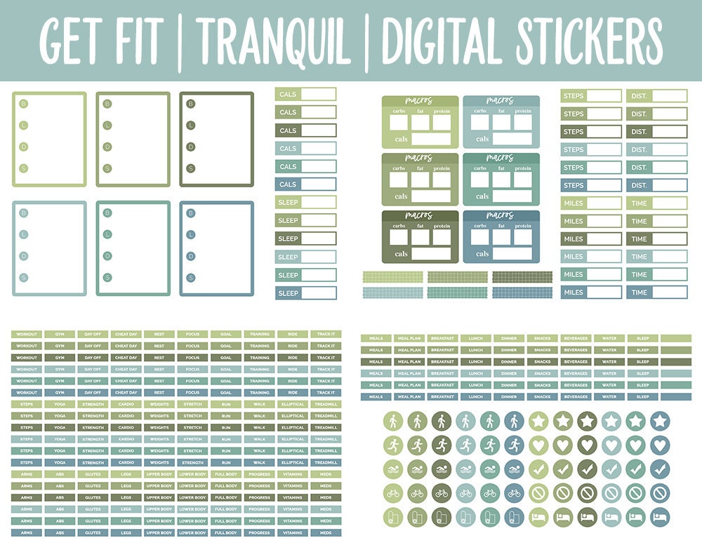 Get Fit Tranquil Digital Stickers | GoodNotes & iPad | Fitness, Health, Self-Care, Workout, Huey, Hedgehog