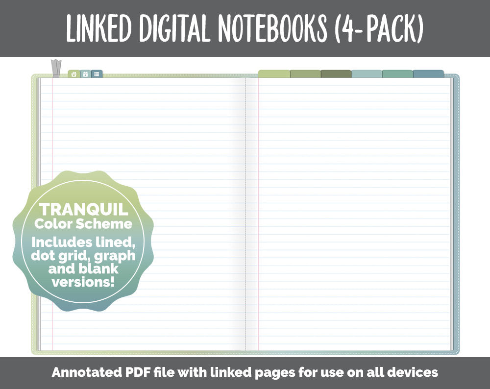Linked Digital Notebooks 4- Pack | Tranquil Theme | GoodNotes, iPad & Android